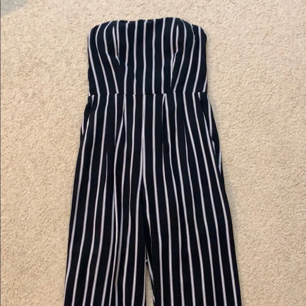 Black and White Striped, Strapless Jumpsuit